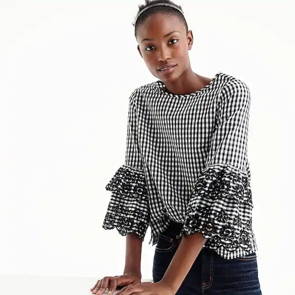 Tall tiered bell-sleeve top in gingham